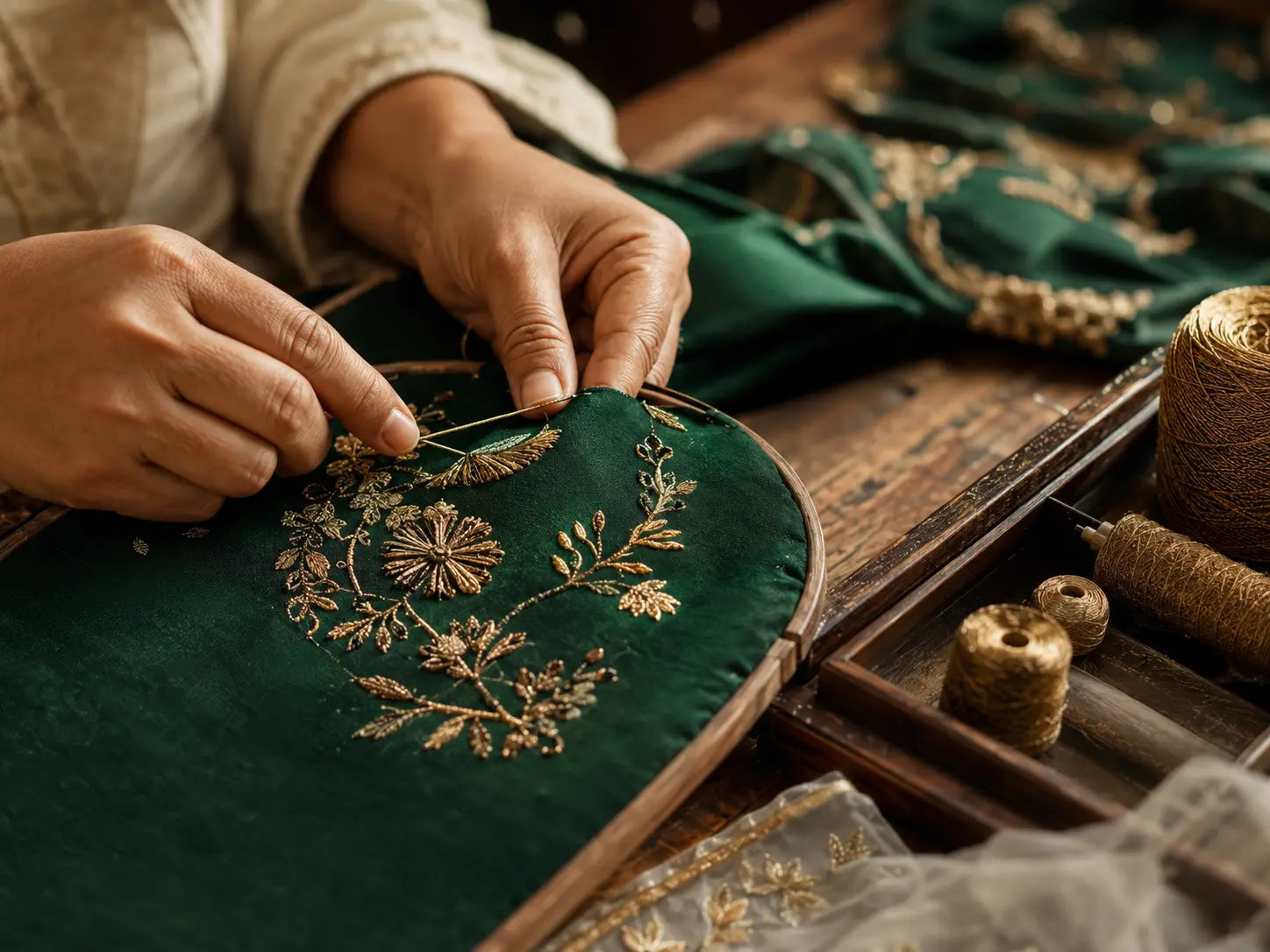 Artisan creating gold embroidery on emerald fabric