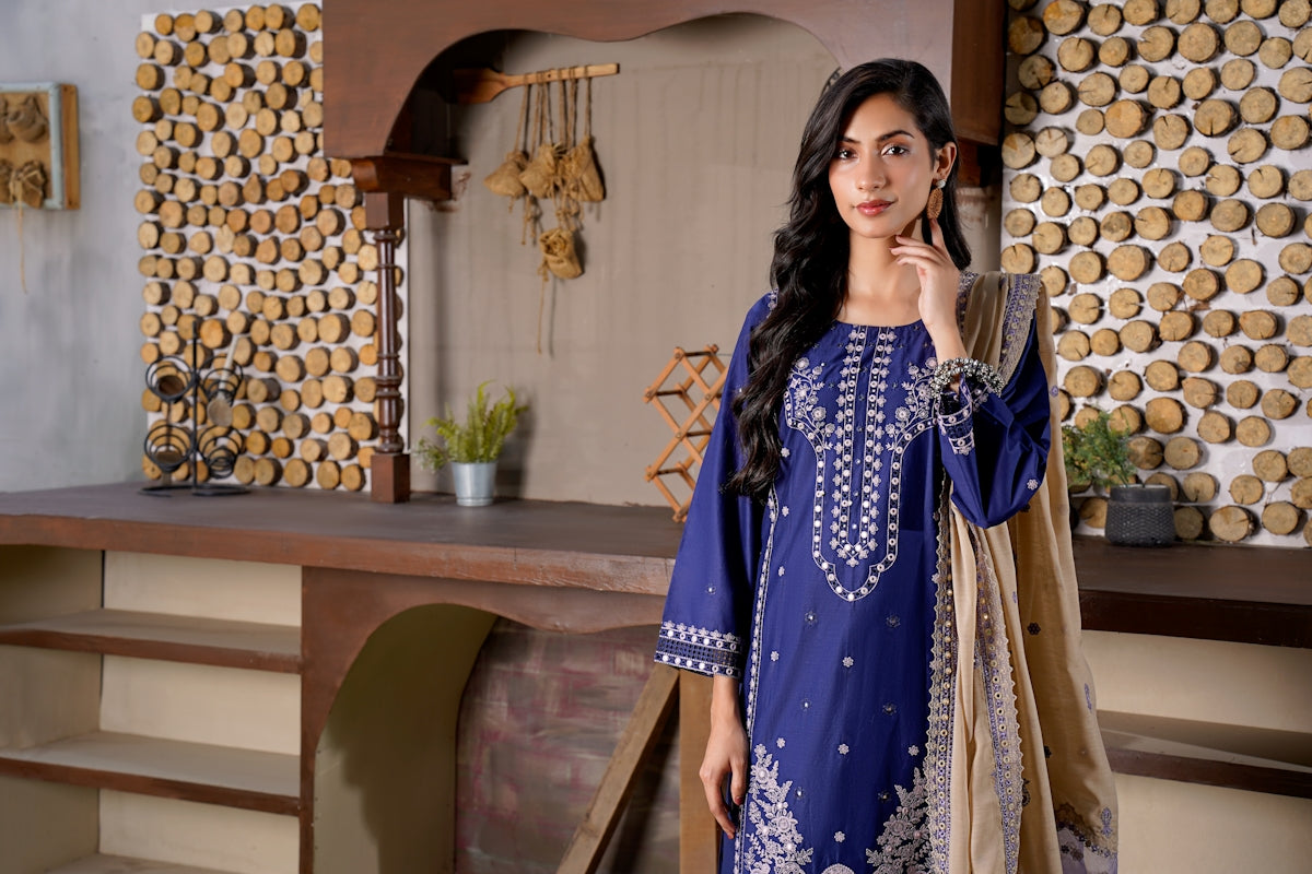 Woman in a blue embroidered dress with a tan shawl.